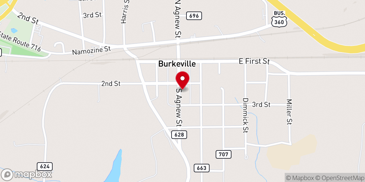 Map showing location of Burkeville Baptist Church