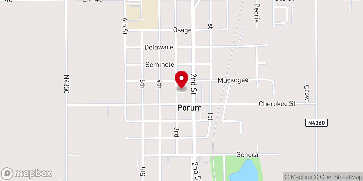 Map showing location of Porum Pentecostal Church-God