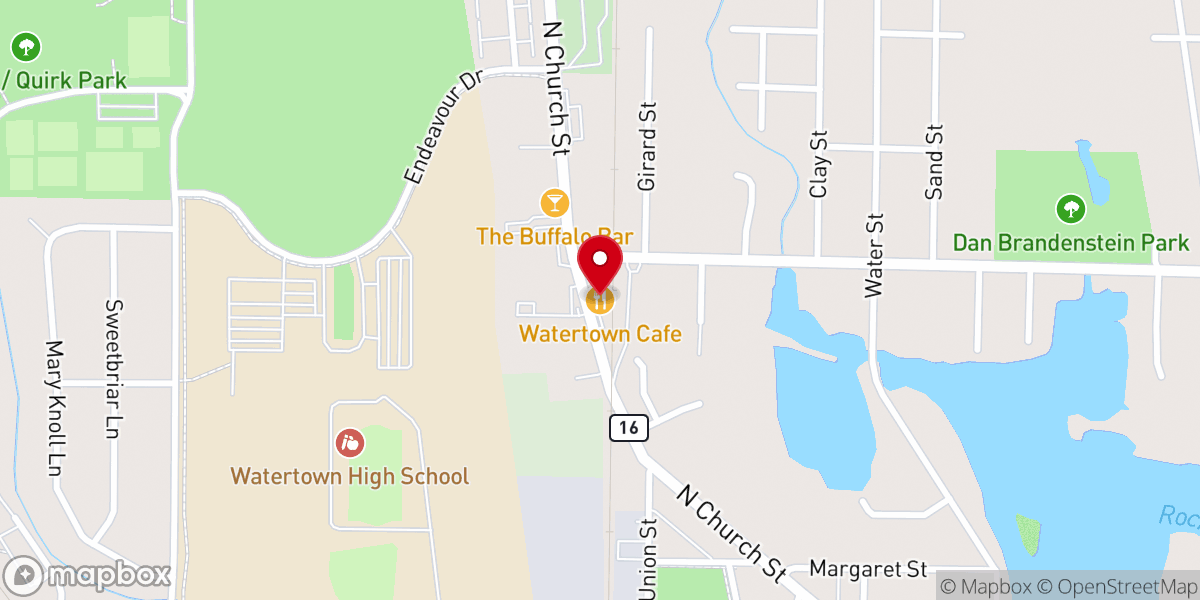 Map showing location of Watertown Cafe