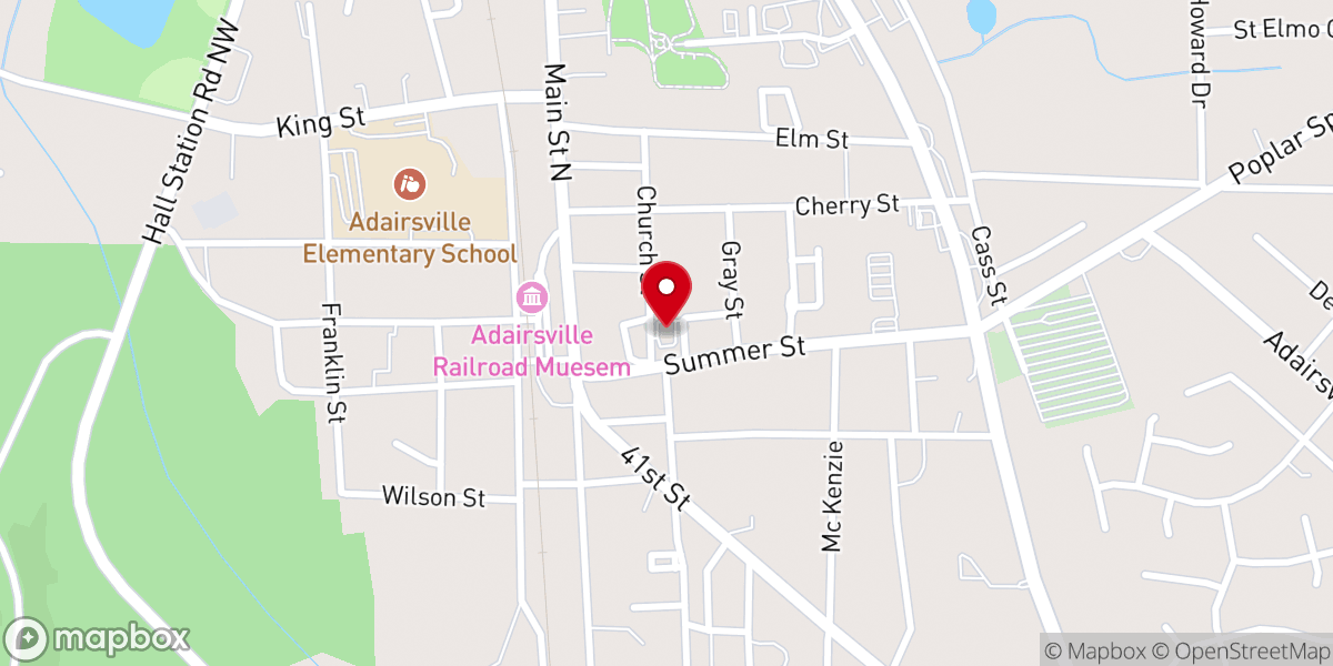 Map showing location of Adairsville Baptist Church