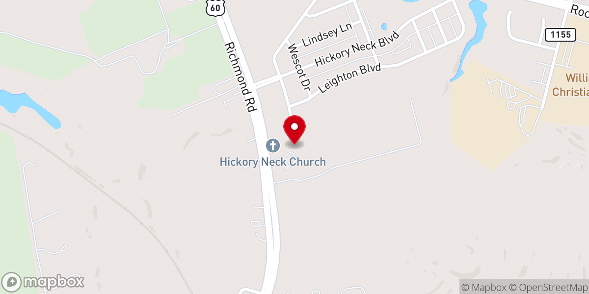 Map showing location of Hickory Neck Episcopal Church