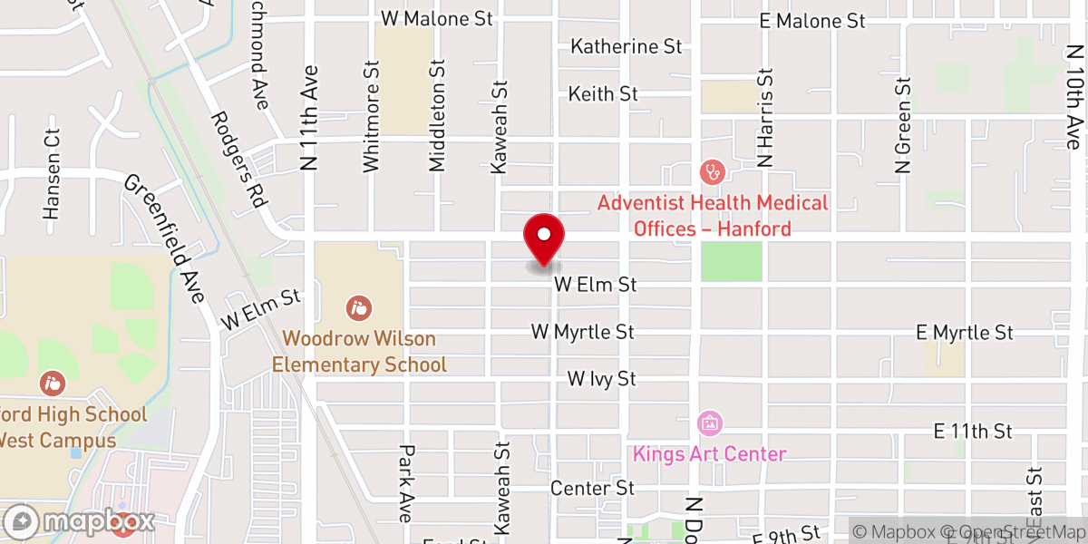 Map showing location of Hanford Seventh-Day Adventist Church
