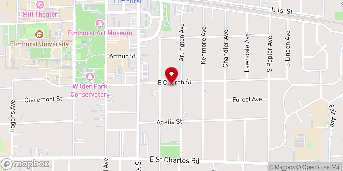 Map showing location of First Congregational United Church of Christ in Elmhurst