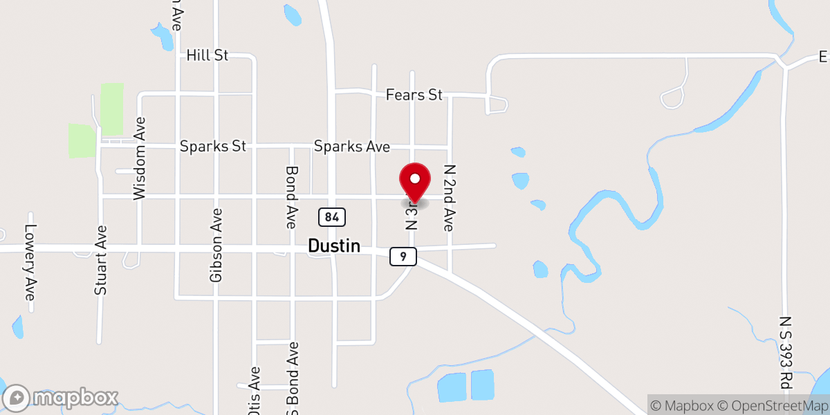 Map showing location of Dustin Assembly of God Church