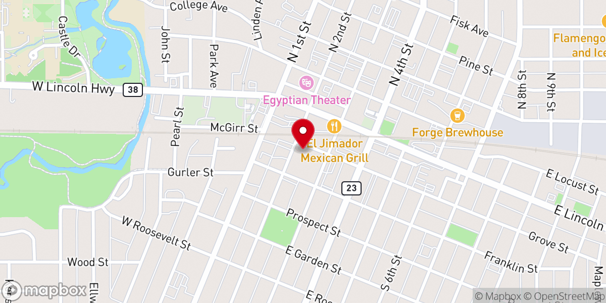 Map showing location of Foursquare Church of De Kalb