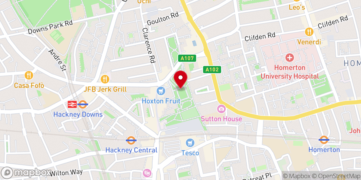 Map showing location of Hackney Church (St John at Hackney)
