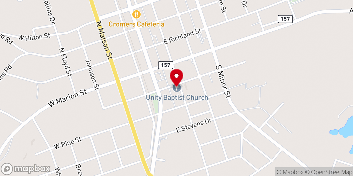 Map showing location of Unity Baptist Church-Kershaw