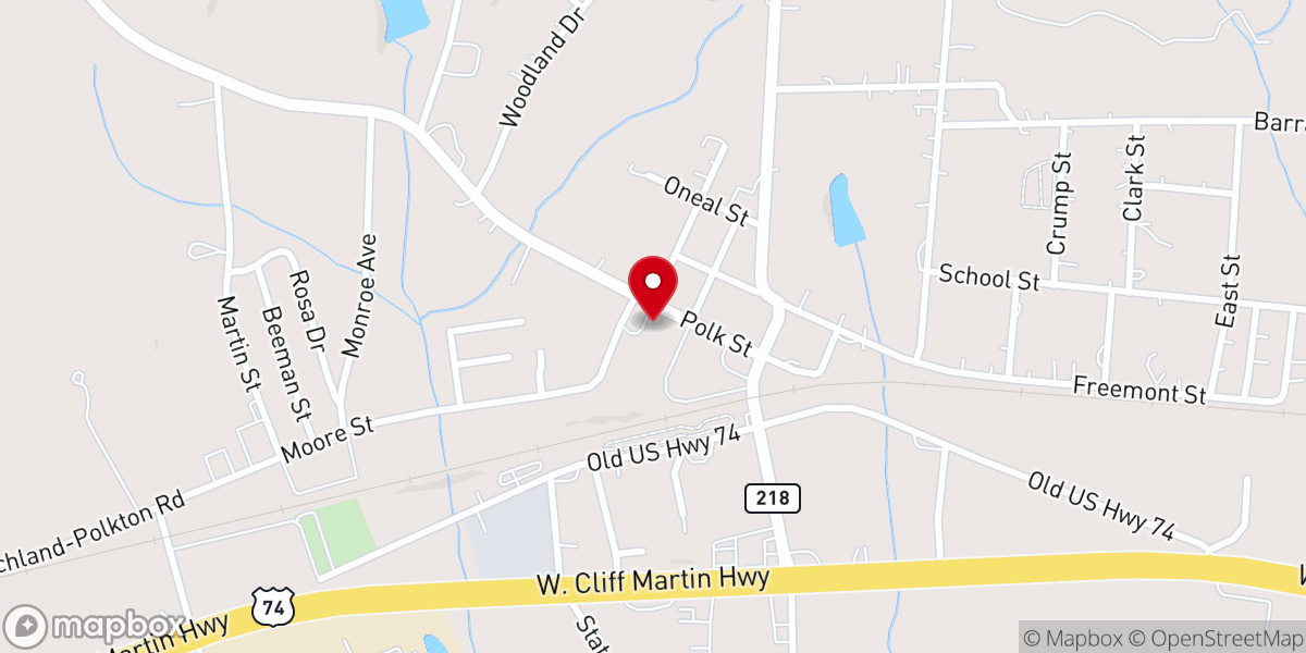 Map showing location of Polkton Baptist Church