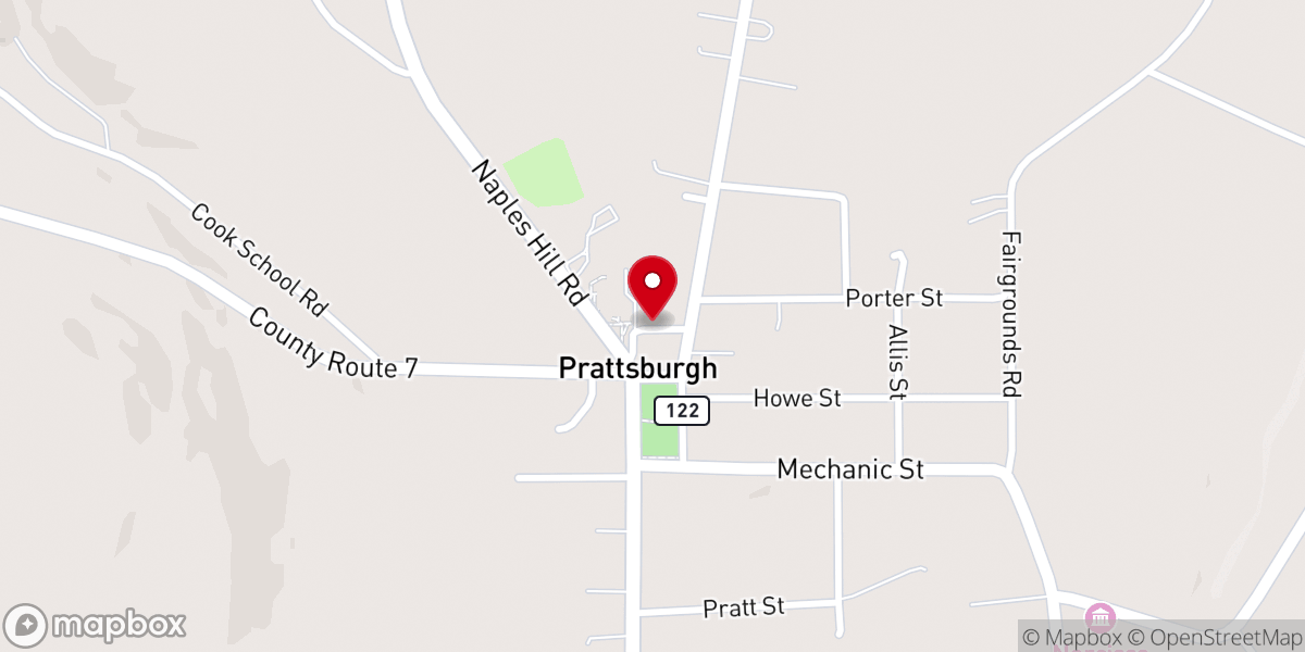 Map showing location of Prattsburgh Emergency Food Pantry/Prattsburgh Presbyterian Church - Food Distribution Center