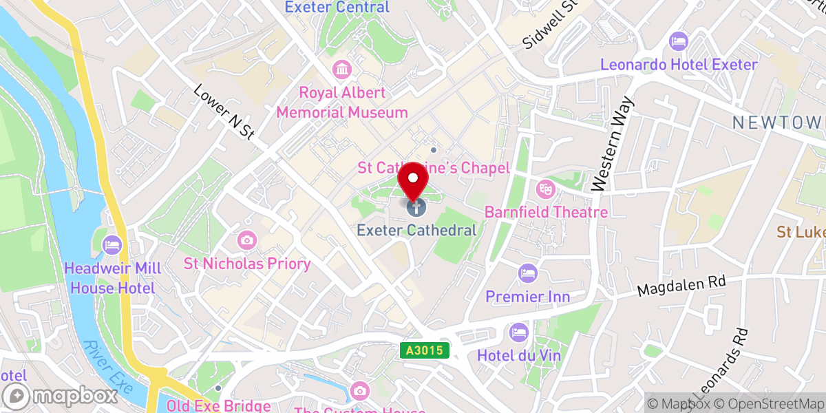 Map showing location of Exeter Cathedral