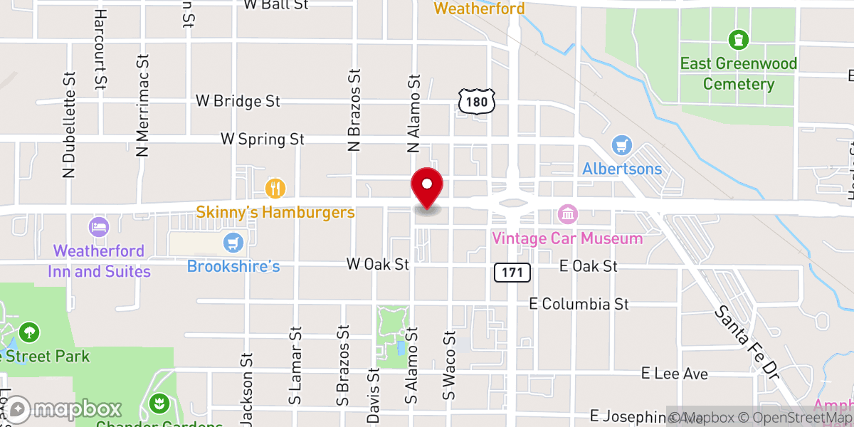 Map showing location of First Baptist Church of Weatherford