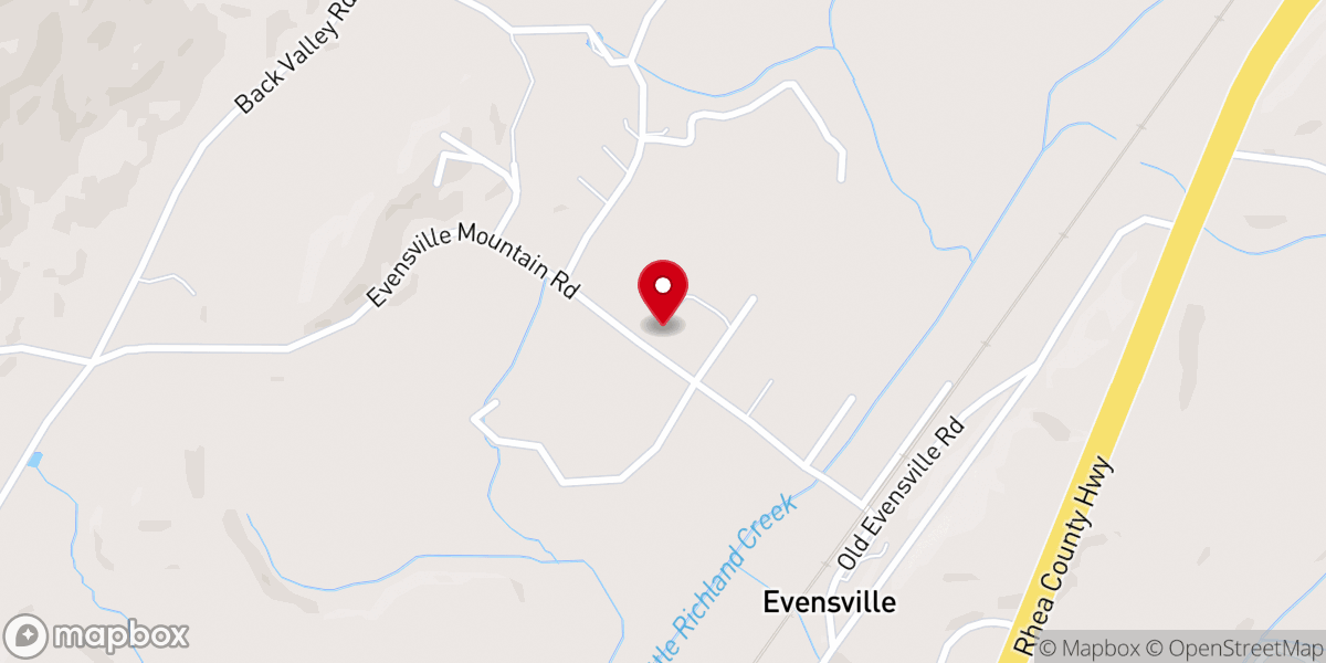 Map showing location of Evensville United Methodist Church