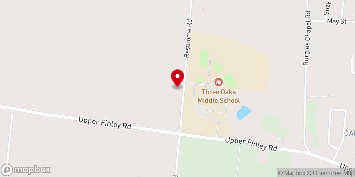 Map showing location of Three Oaks Baptist Church