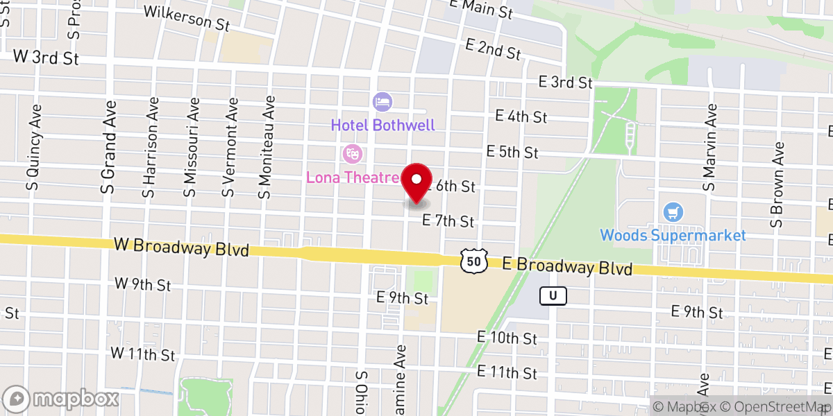 Map showing location of First Baptist Church of Sedalia