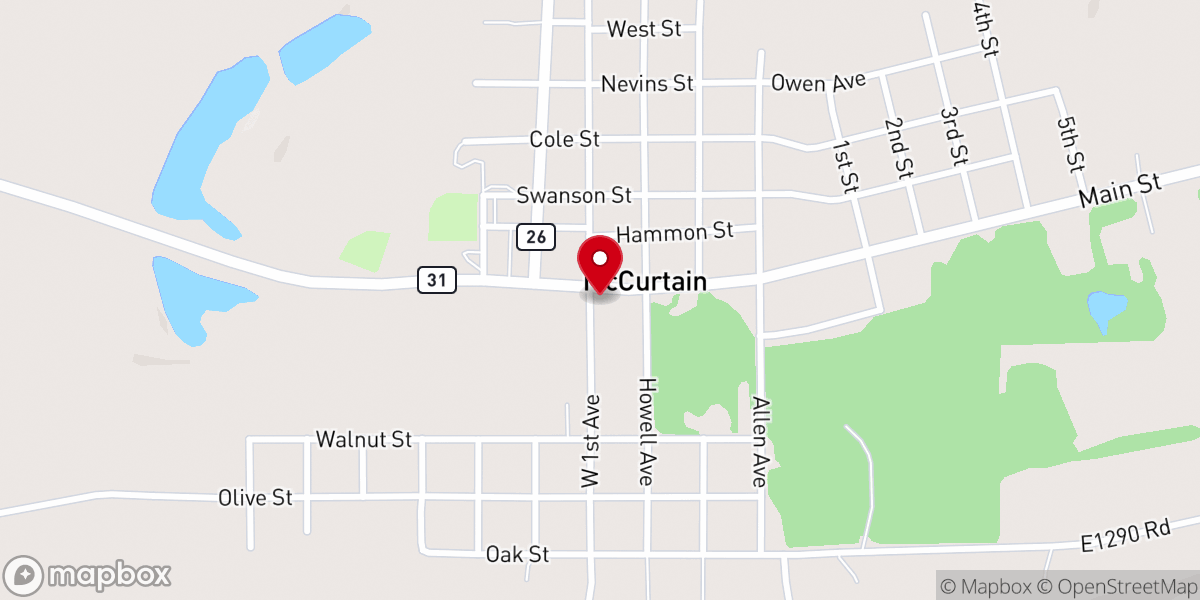 Map showing location of Town of McCurtain City Hall