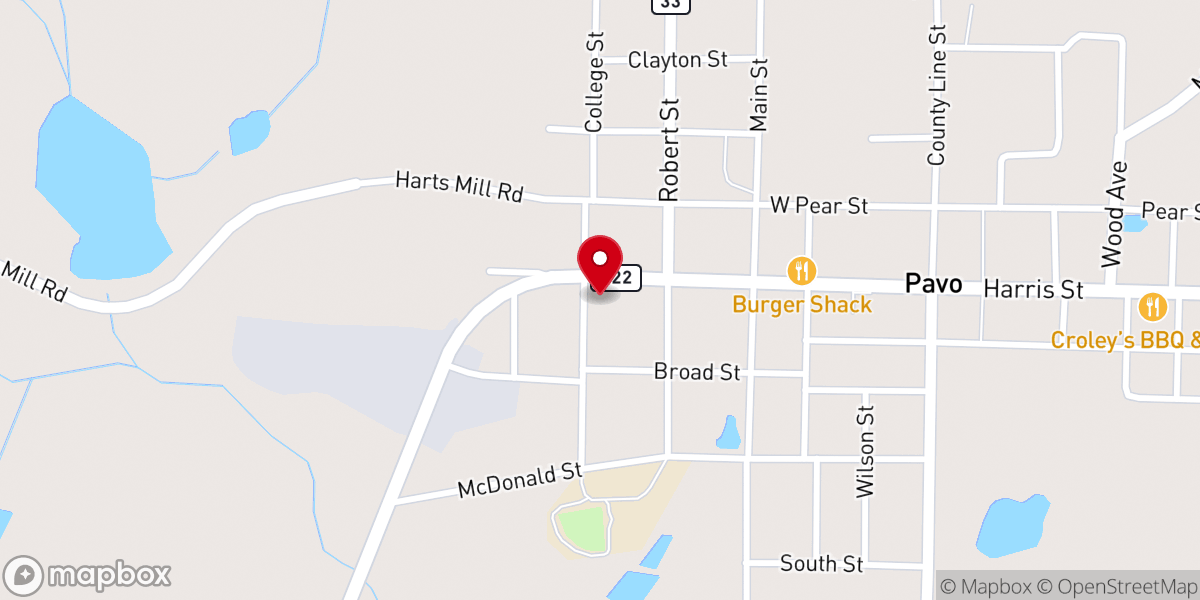 Map showing location of Pavo Baptist Church
