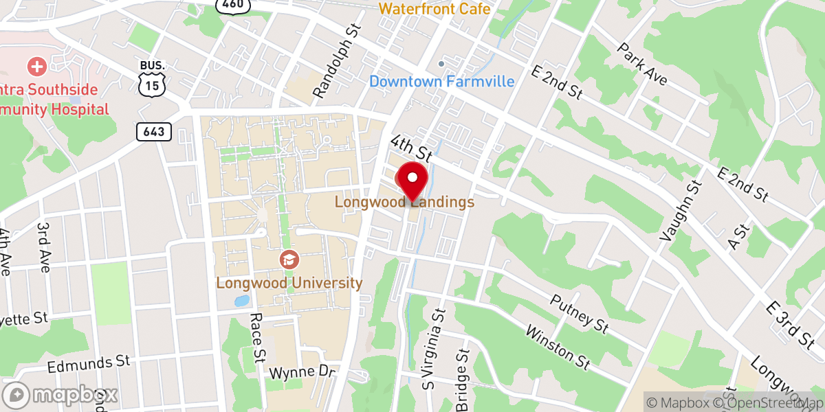 Map showing location of Catholic Campus Ministry at Hampden-Sydney College and Longwood University