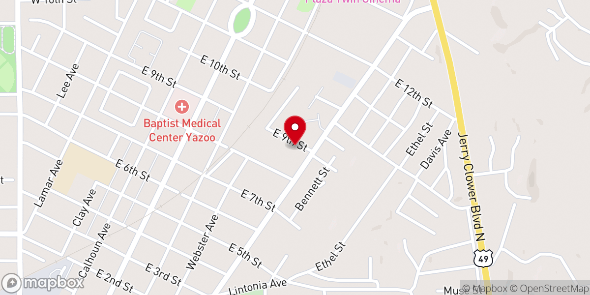 Map showing location of Yazoo City Pentecostal Church-God