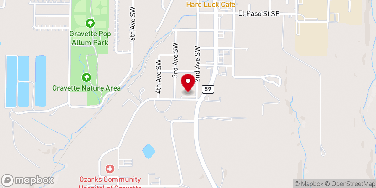 Map showing location of Gravette Church of Christ