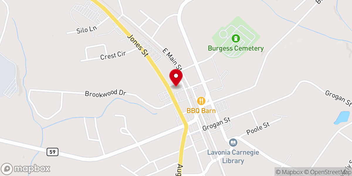Map showing location of Lavonia First United Methodist Church