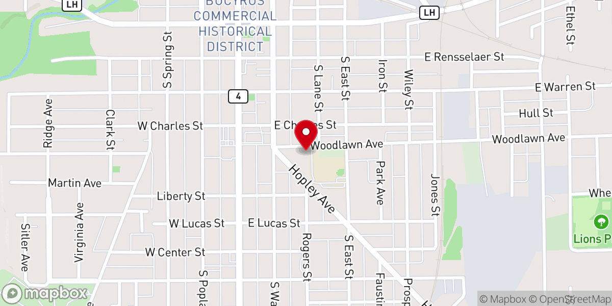 Map showing location of New Hope Community Church of Bucyrus
