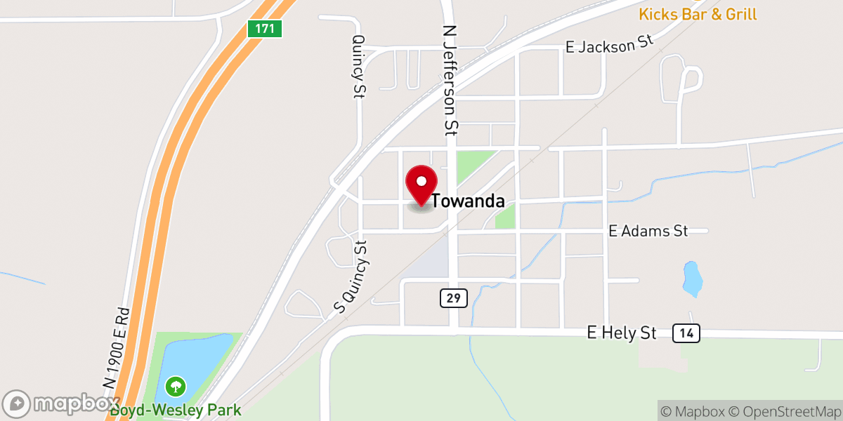 Map showing location of First Baptist Church of Towanda