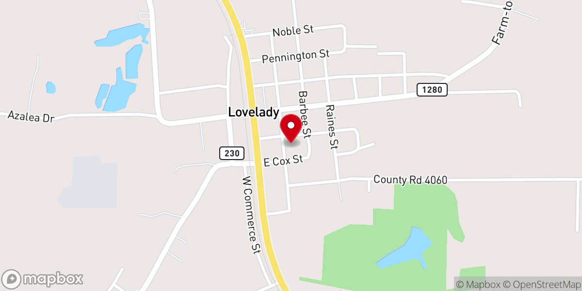 Map showing location of First Baptist Church Lovelady