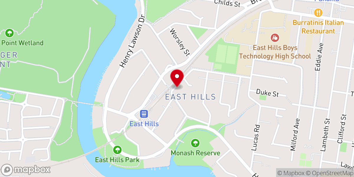 Map showing location of East Hills Baptist Church