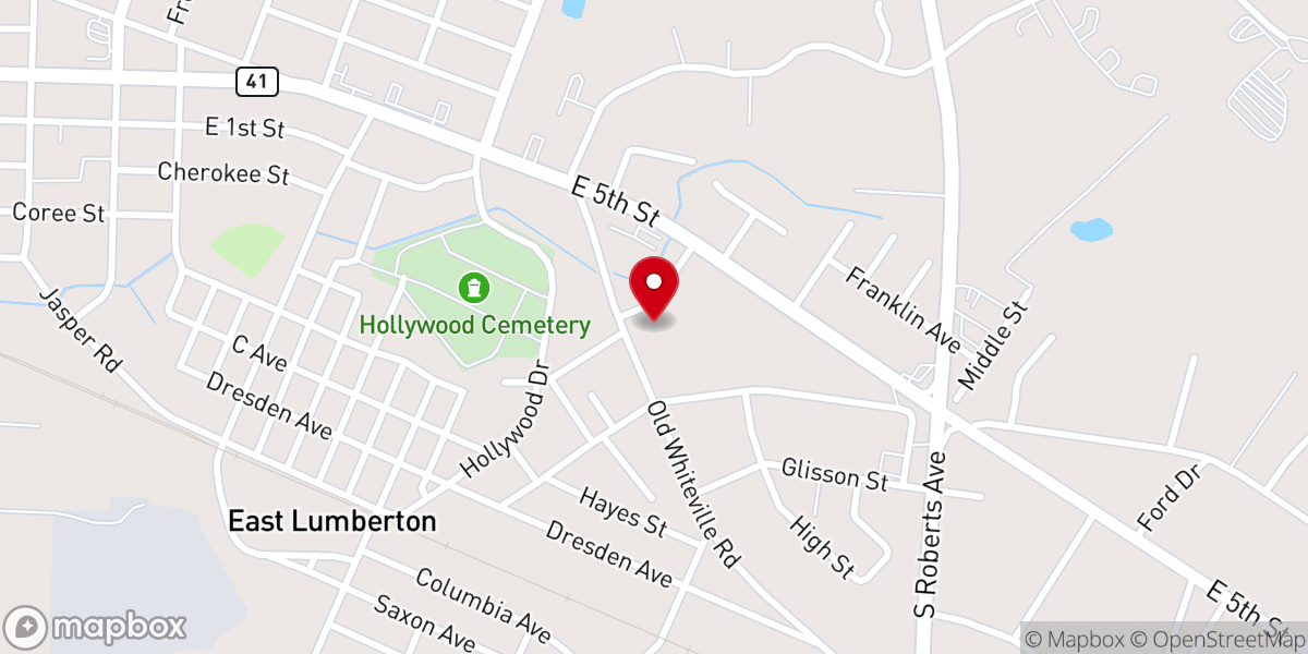 Map showing location of East Lumberton Baptist Church