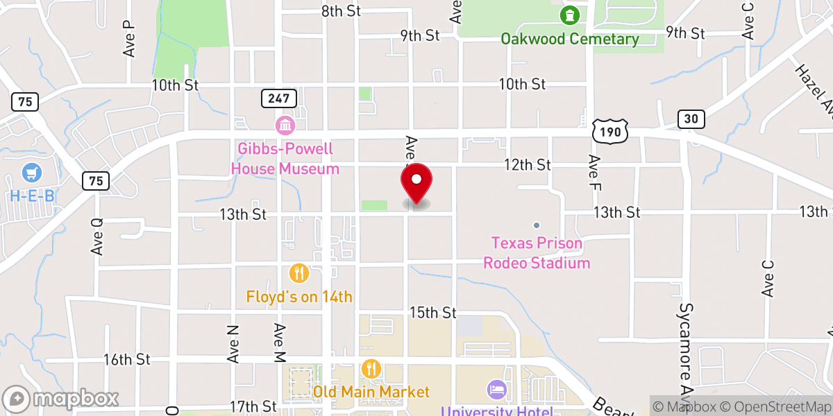 Map showing location of First Baptist Church Huntsville Texas