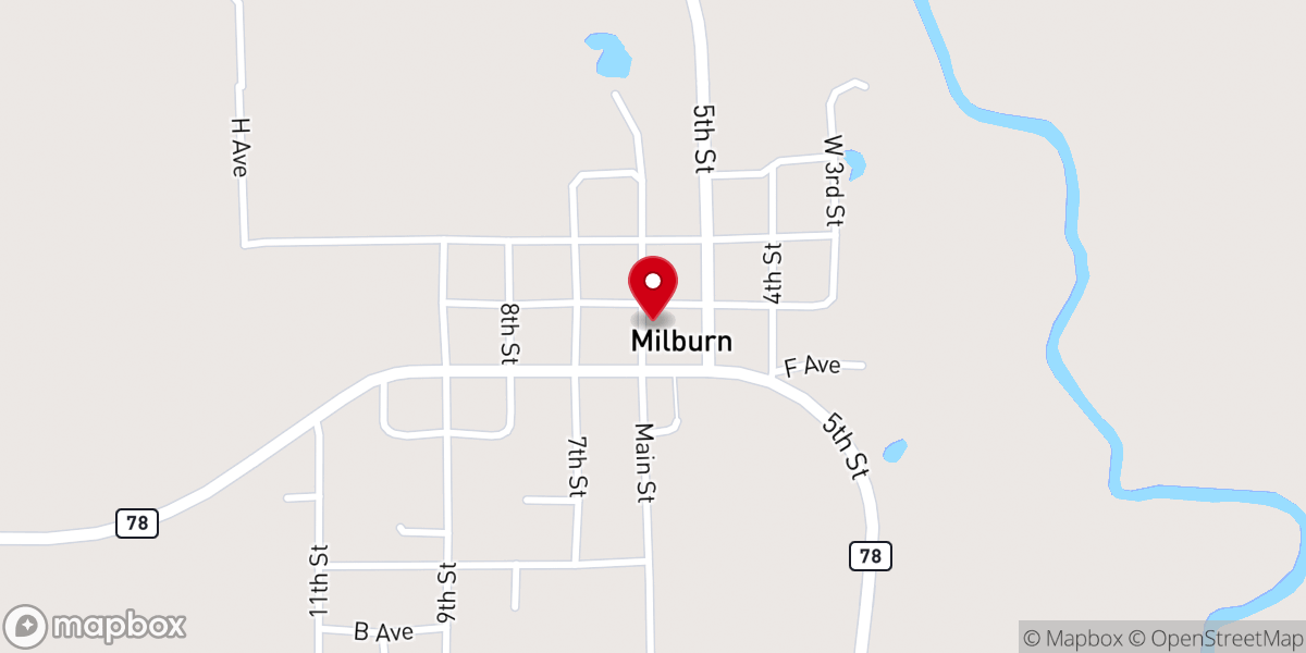 Map showing location of Milburn Church of God