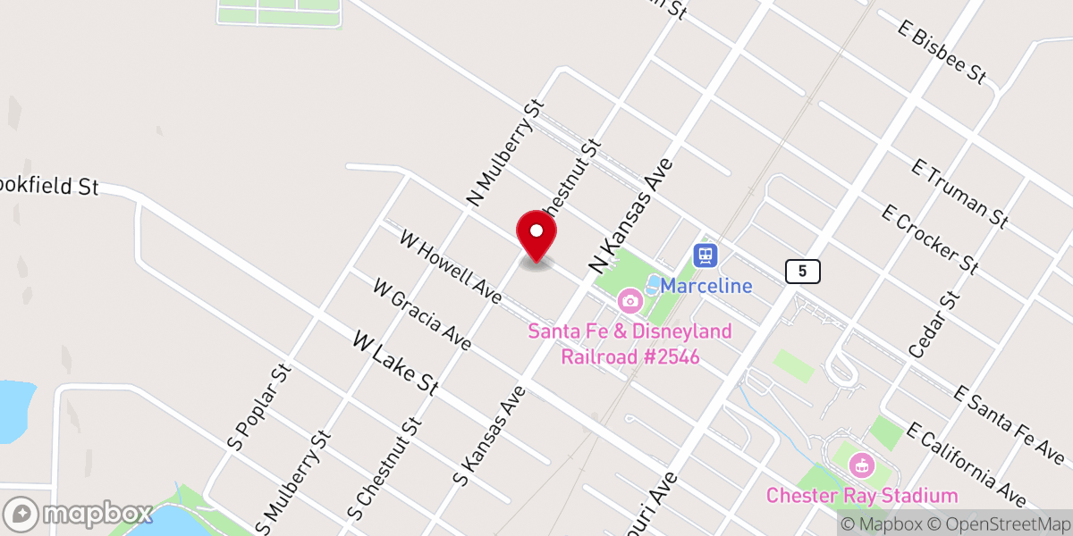 Map showing location of First Baptist Church of Marceline