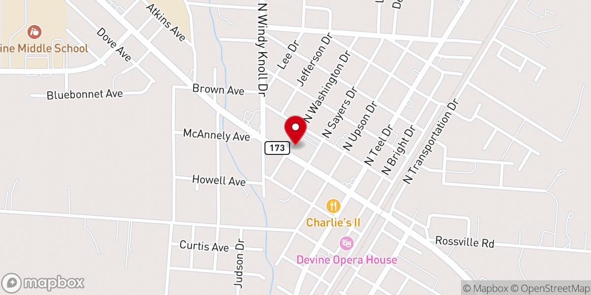 Map showing location of First Baptist Church of Devine