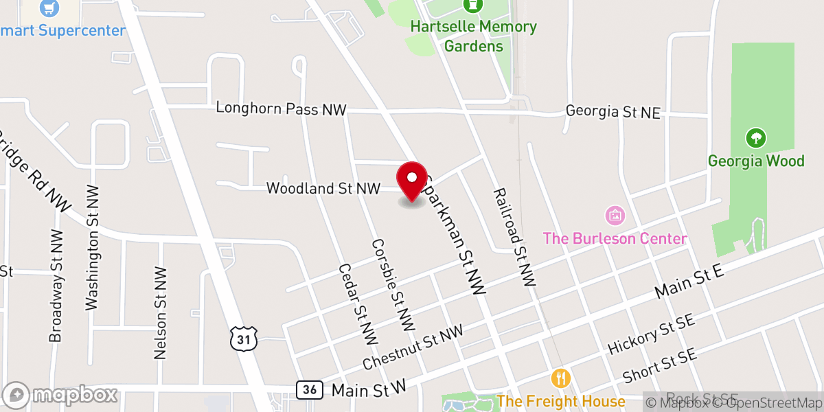 Map showing location of First Baptist Church of Hartselle
