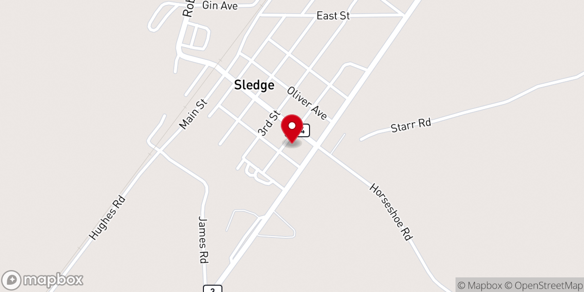 Map showing location of First Baptist Church of Sledge