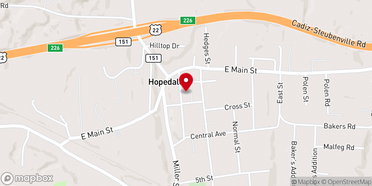 Map showing location of Hopedale Presbyterian Church