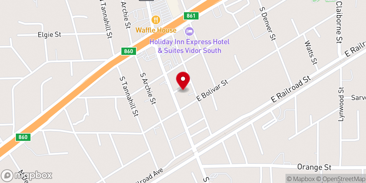 Map showing location of First Baptist Church of Vidor