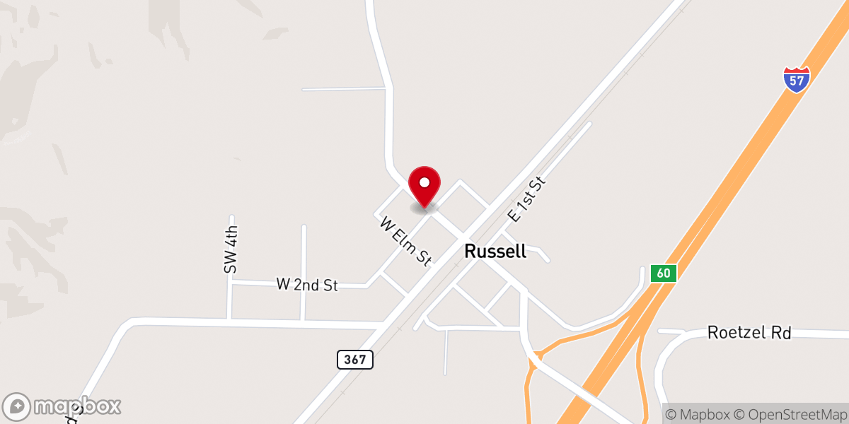 Map showing location of Russell United Methodist Church
