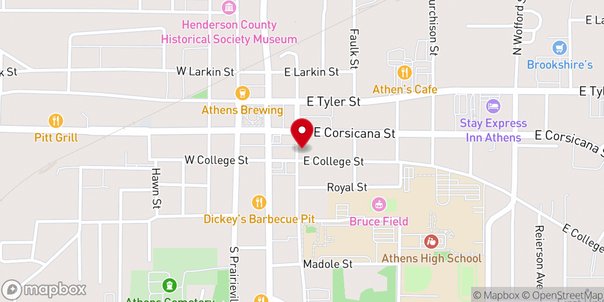 Map showing location of First Baptist Church of Athens, Texas