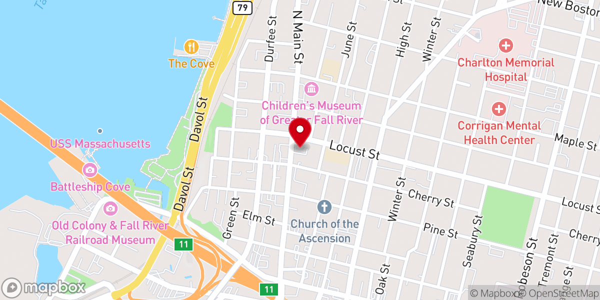 Map showing location of Unitarian Church in Fall River