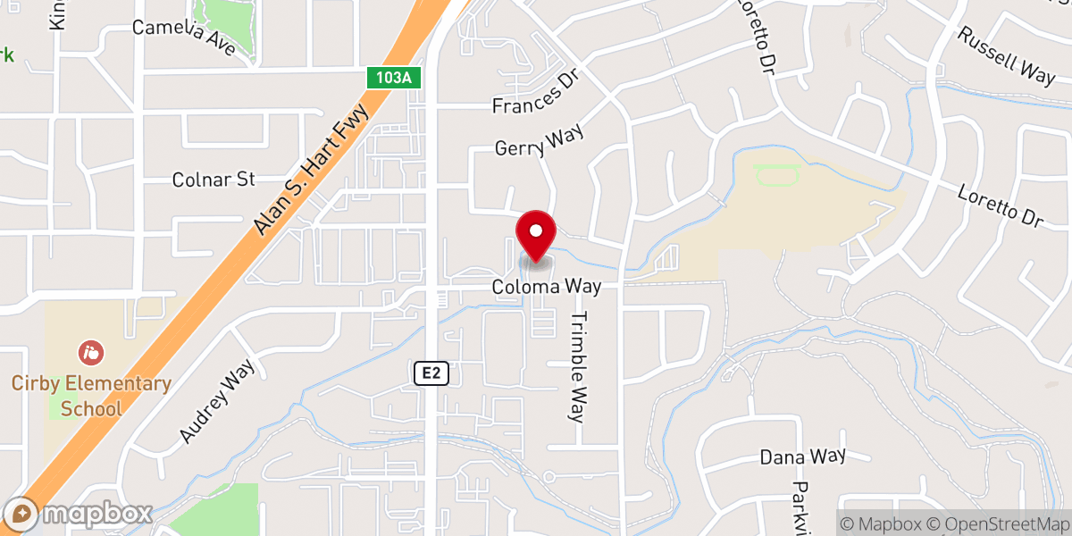 Map showing location of The First Southern Baptist Church of Roseville, California