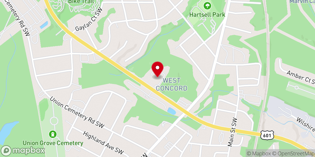 Map showing location of West Concord Baptist Church