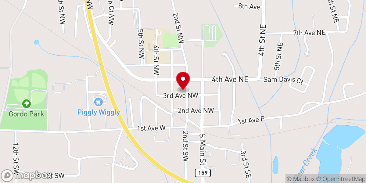Map showing location of First Baptist Church of Gordo