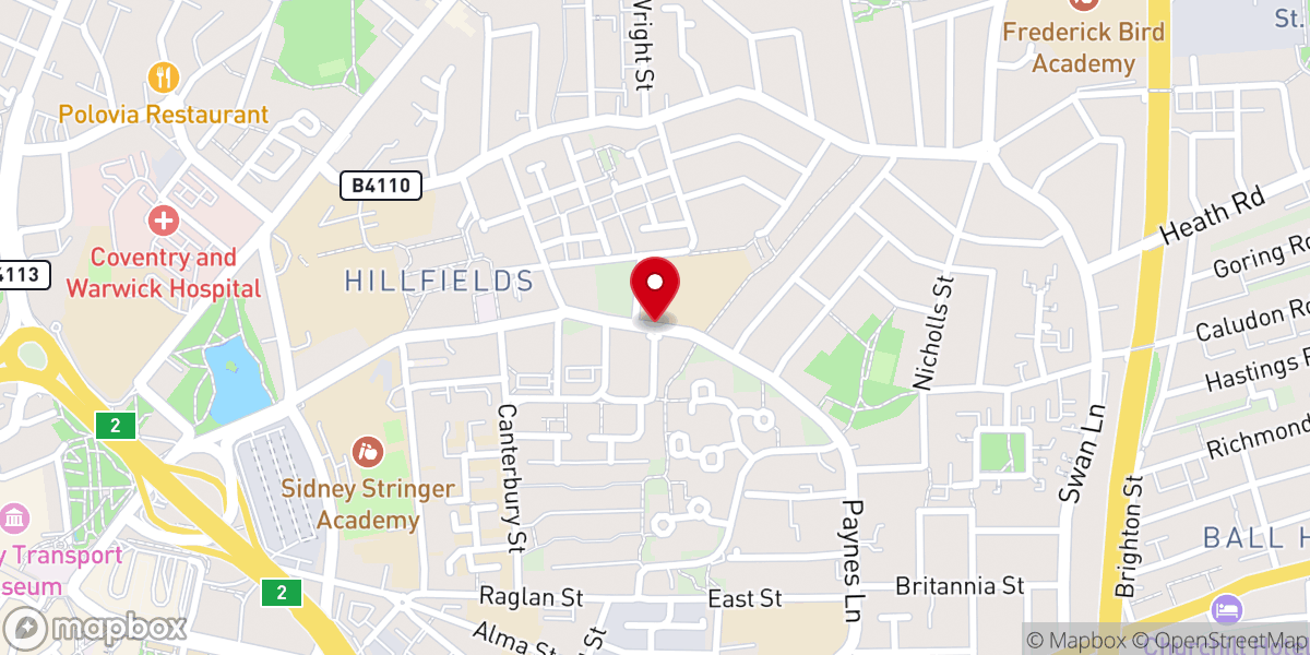 Map showing location of Hillfields Church, Waterloo St