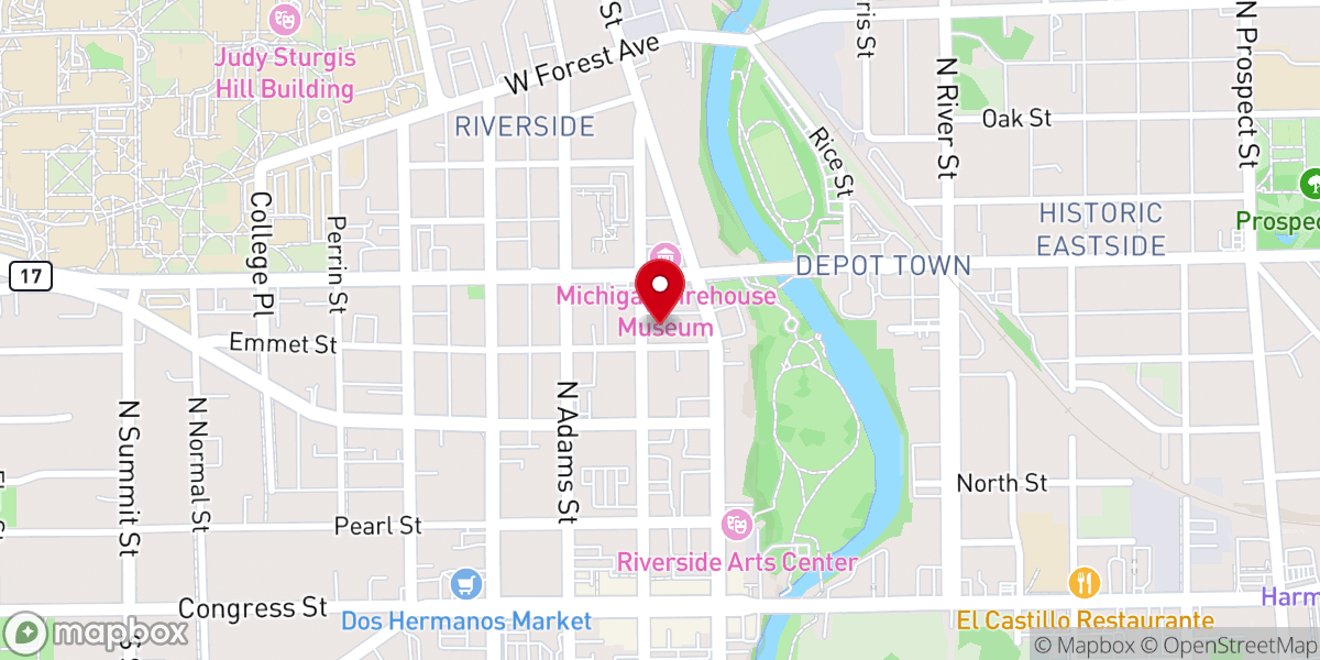 Map showing location of First Presbyterian Church of Ypsilanti