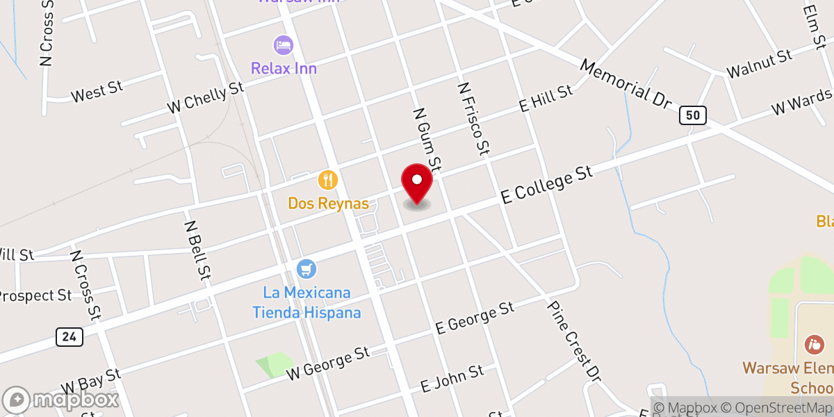 Map showing location of Warsaw Baptist Church