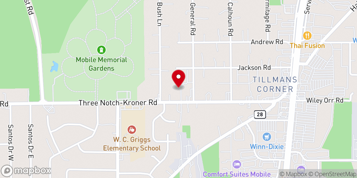 Map showing location of Tillmans Corner Assembly of God Church