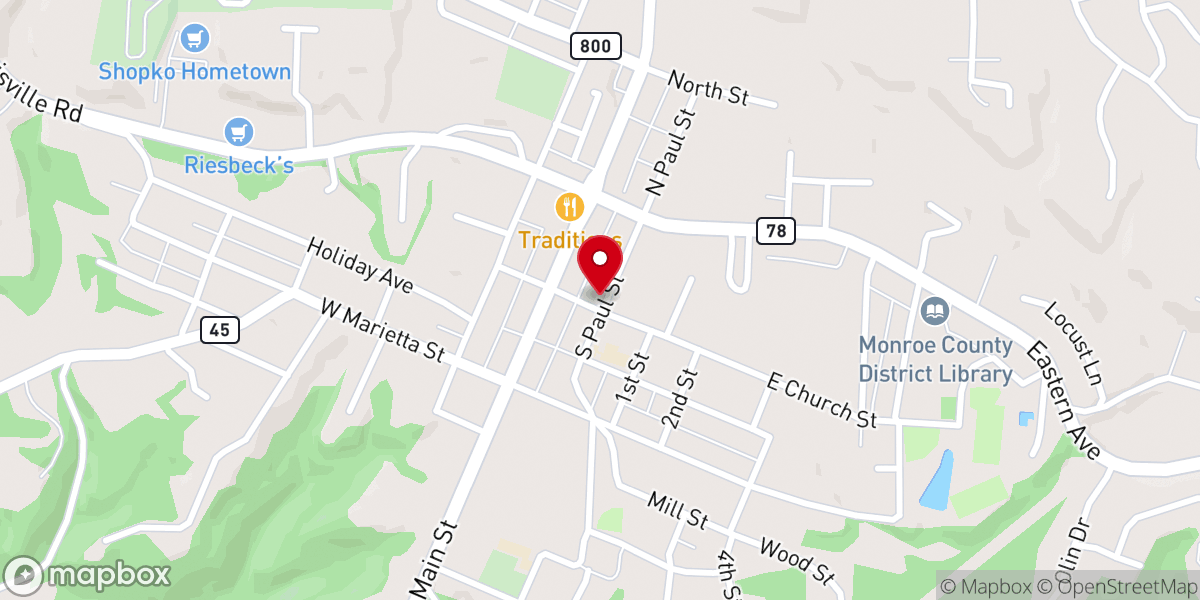 Map showing location of Woodsfield Presbyterian Church