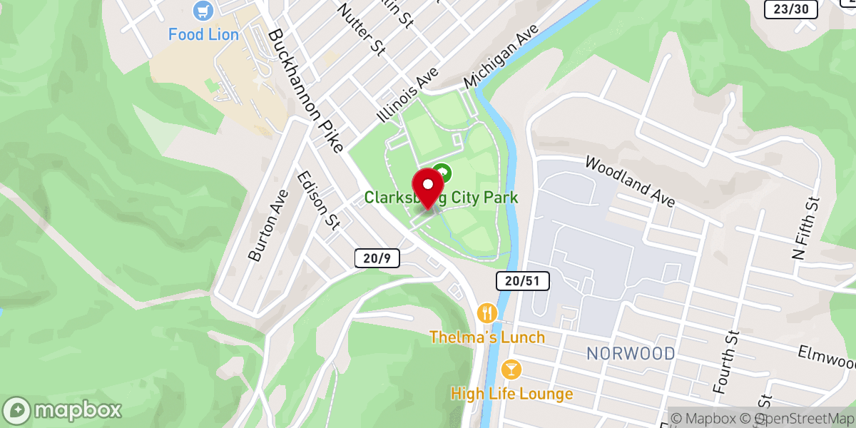 Map showing location of Clarksburg City Park
