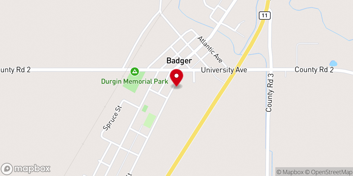 Map showing location of Badger Baptist Church